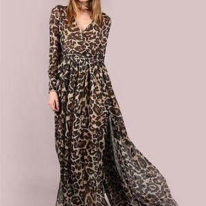 Leopard Print Surplice Chiffon Maxi Dress